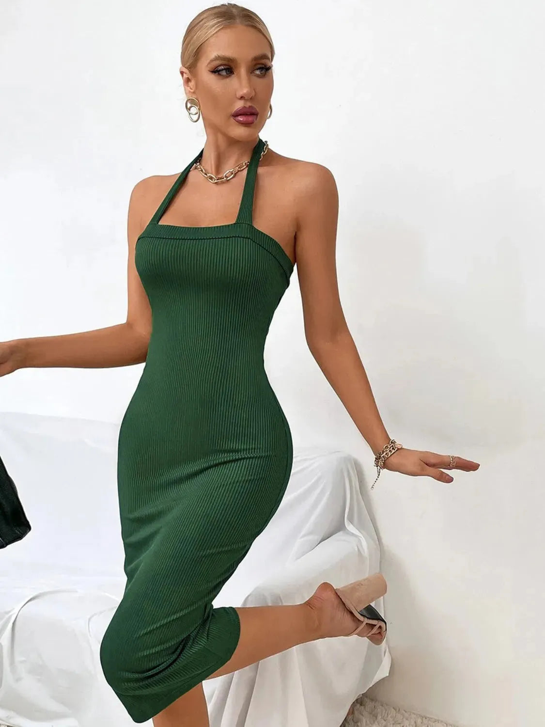 Ribbed Halter Neck Wrap Dress Cocktail Dresses - Tophatter Daily Deals